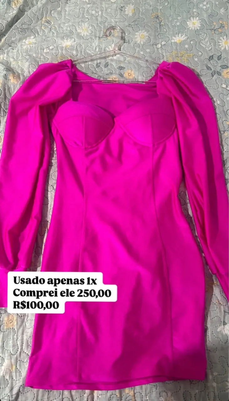 Vestido Rosa Pink Manga Bufante usado uma vez