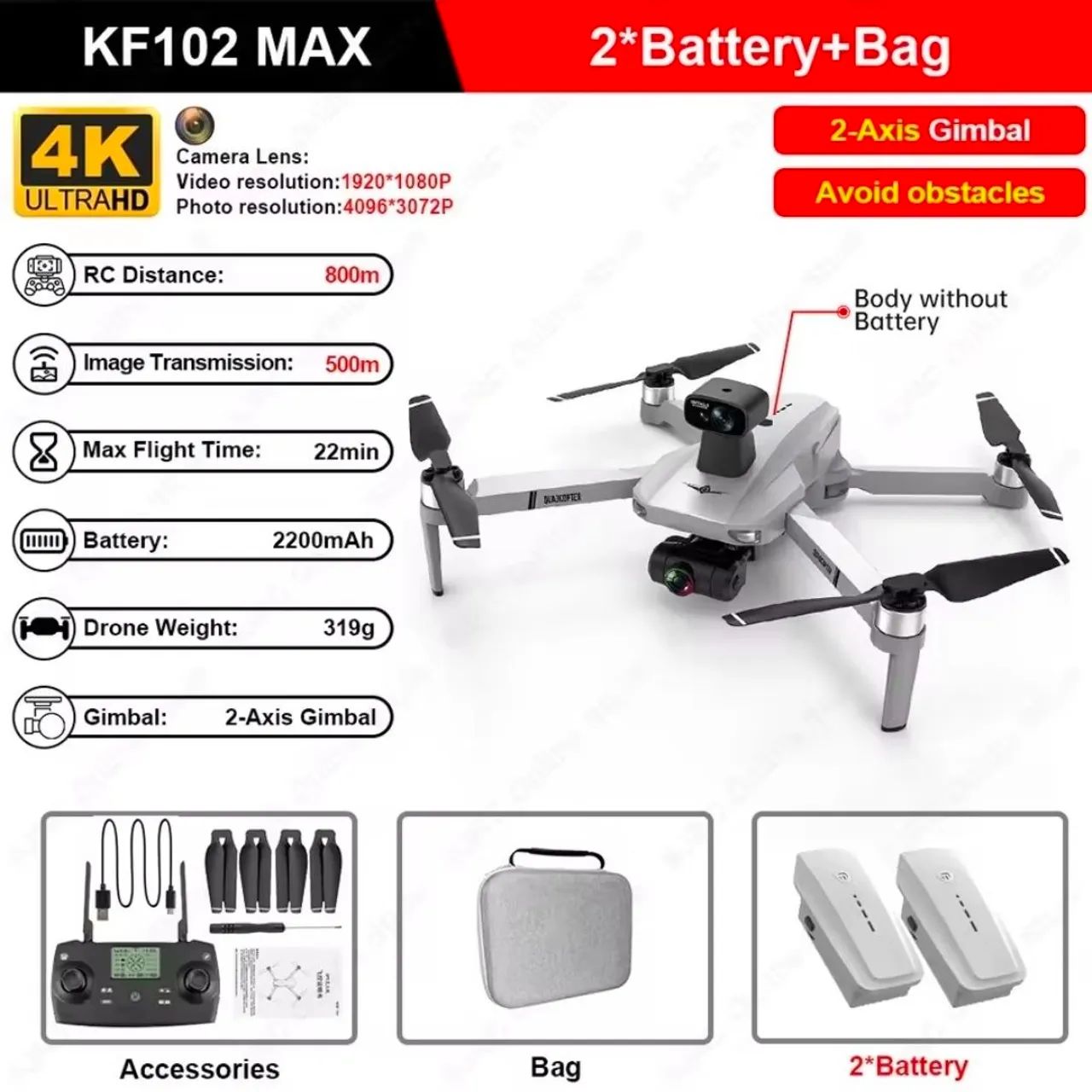 Drone KF102 Max Câmera 4k Ultra HD Gimbal, 1,2 KM alcance com 2 Baterias - Foto 6