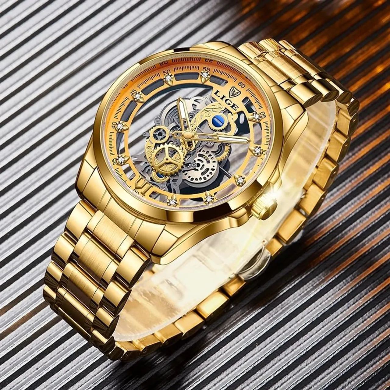 Relógio Masculino de Quartzo Esqueleto Dourado - Foto 3