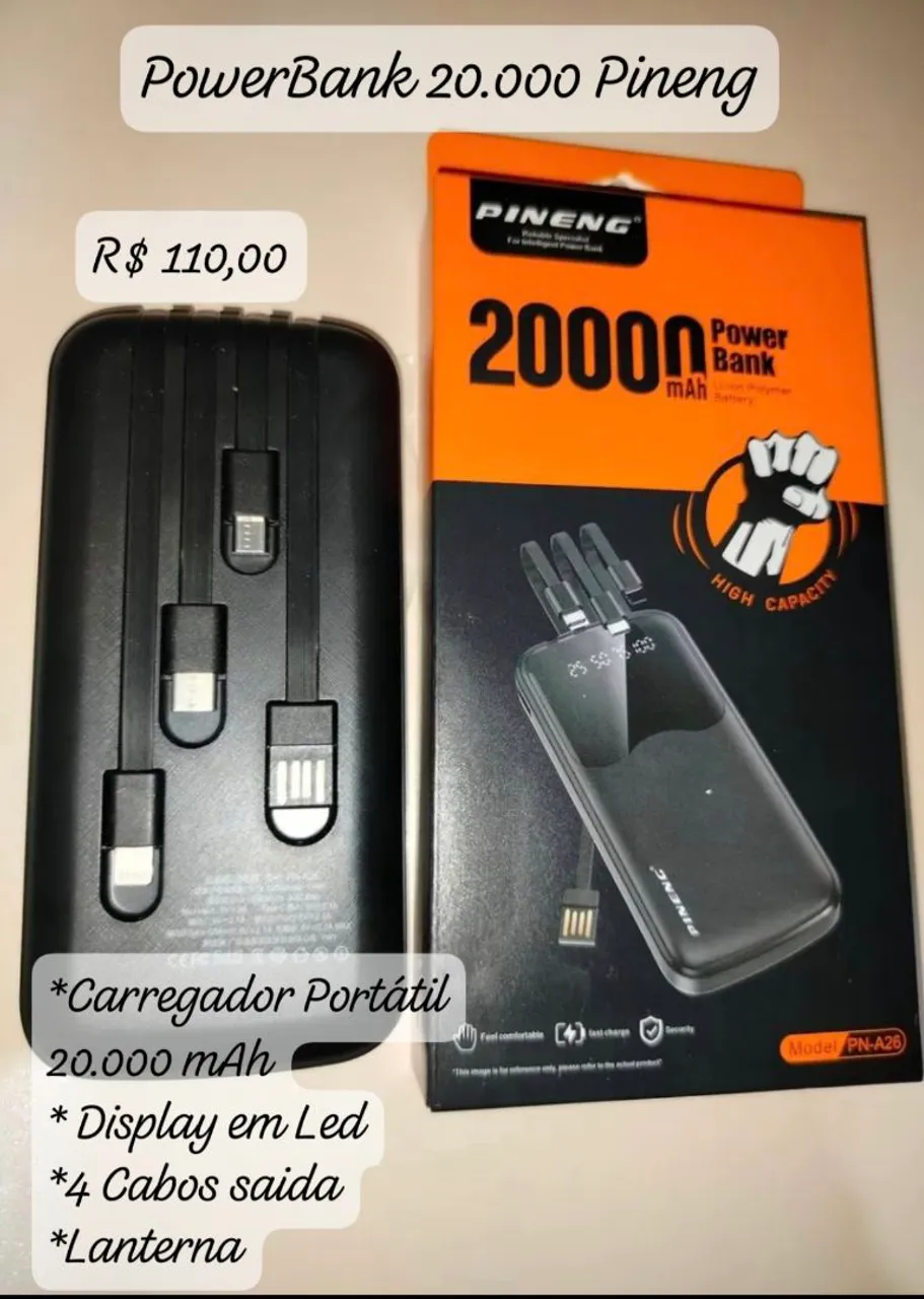 Power Bank Pineng 20.000 mAh com 4 Cabos e Lanterna