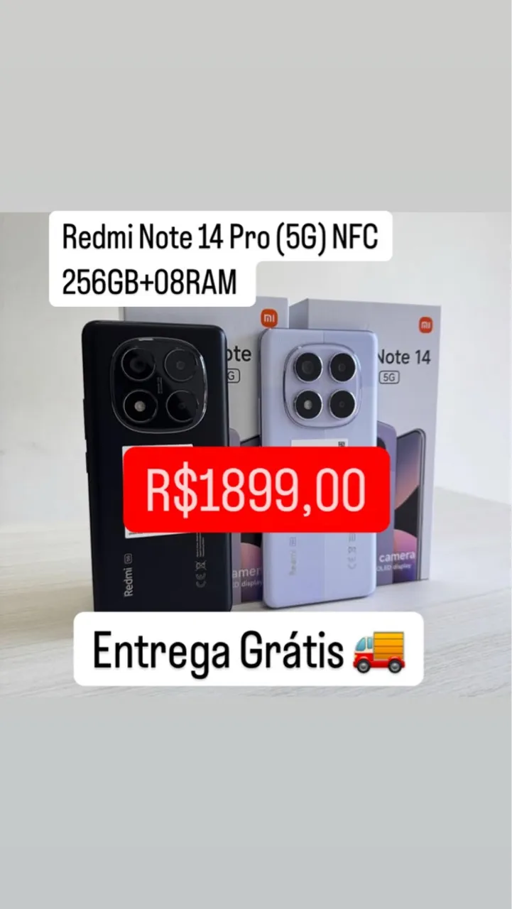 Celular Redmi Note 14 Pro(5G)NFC 256GB+08GB RAM Novo Preto Lilás Azul Entrega Grátis