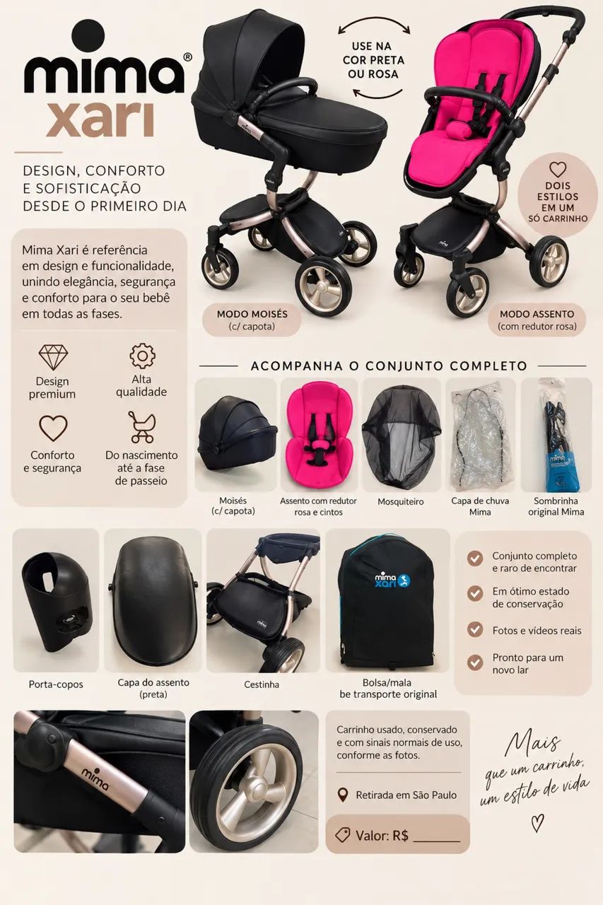 Vendo Carrinho de Bebê Mima Xari - 2 em 1 (Moisés e Carrinho) - Foto 4