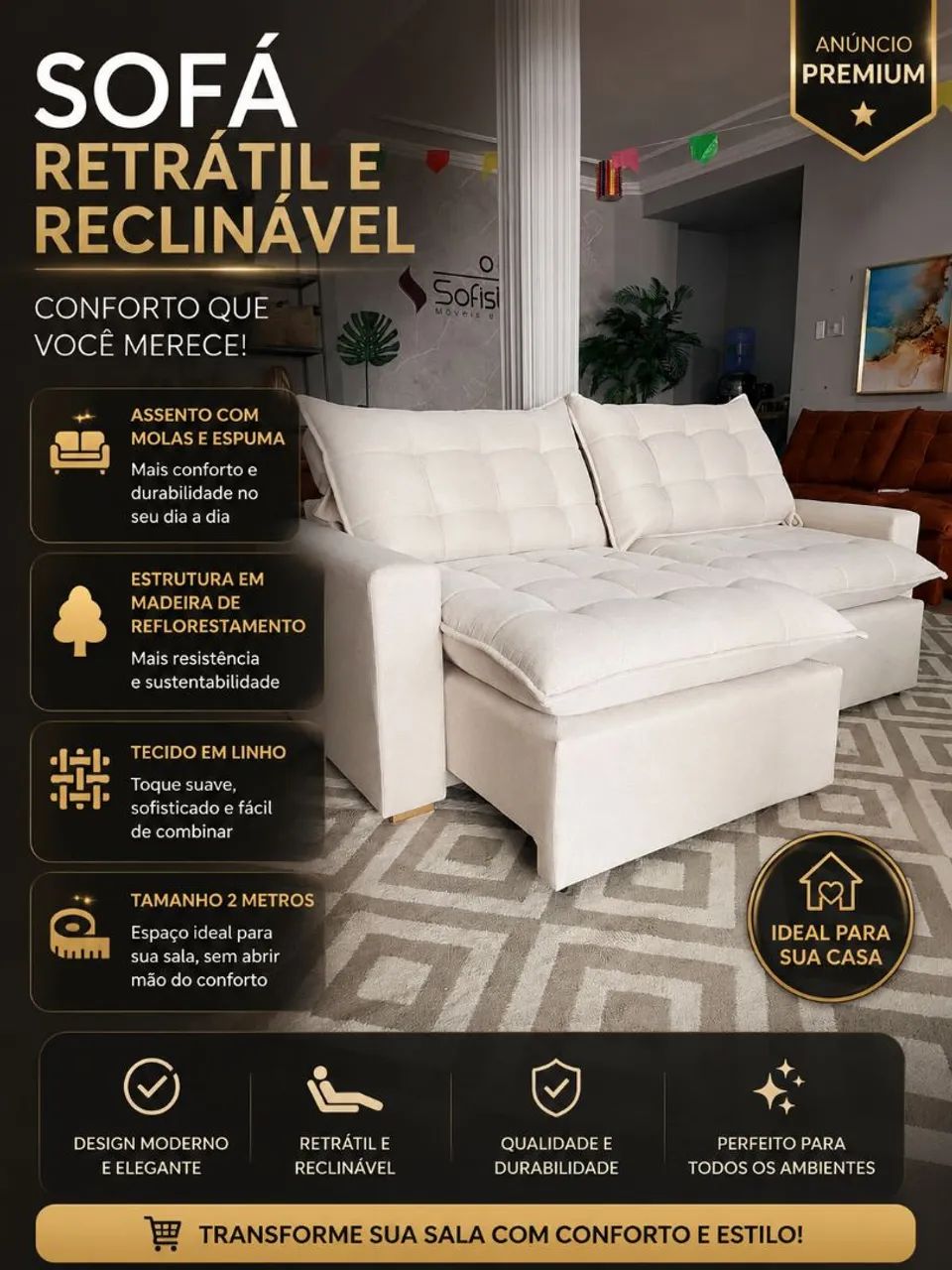 Sofá 2 Metros Retrátil e Reclinável 