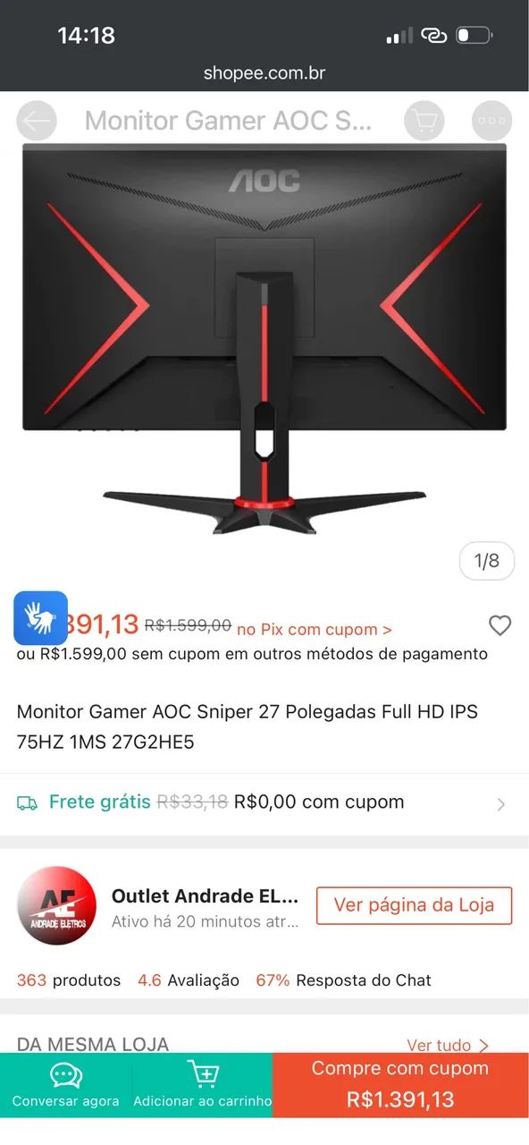 Monitor Gamer AOC - com suporte de parede 