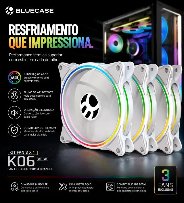 KIT 3 FANS ARGB CONTROLAVEL WHITE K06ARGB LED 120MM BLUECASE