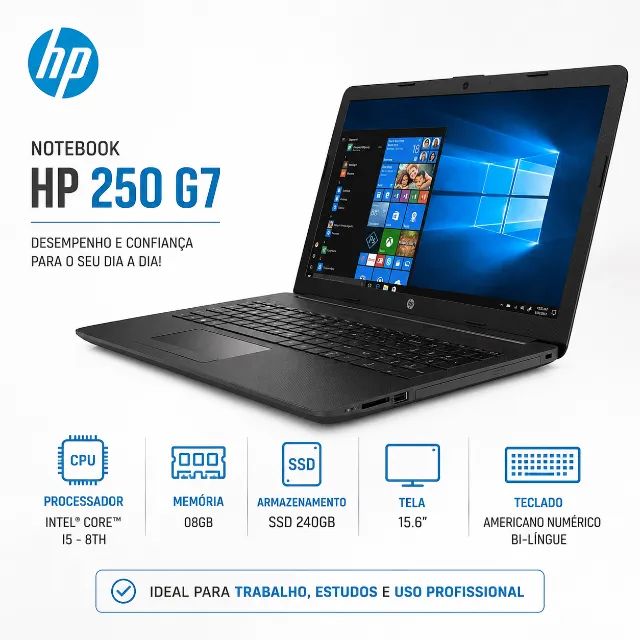Notebook HP 250 G7 Intel Core i5 -8th - 08GB - SSD 256 - Pronta