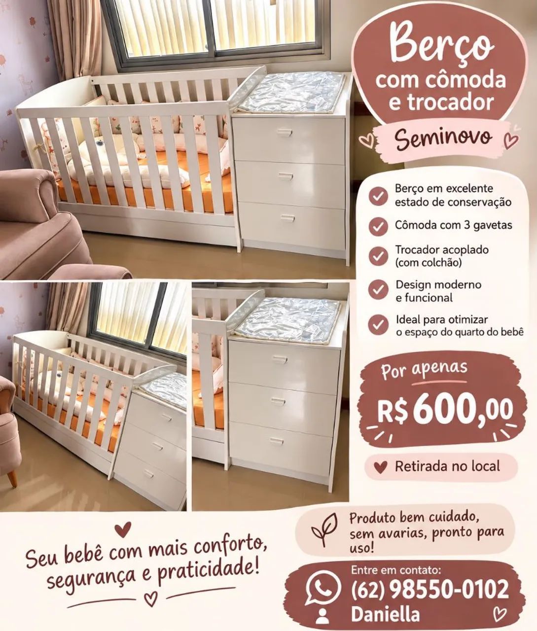 Berço com cômoda semi novo