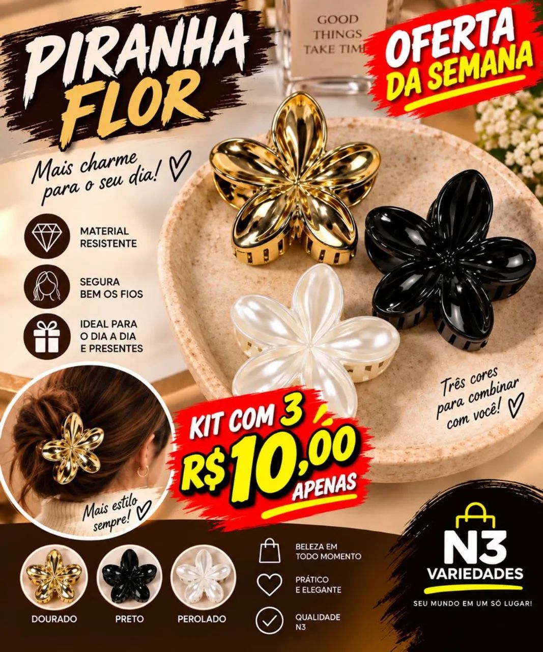 Kit 3 Piranhas de Cabelo Flor