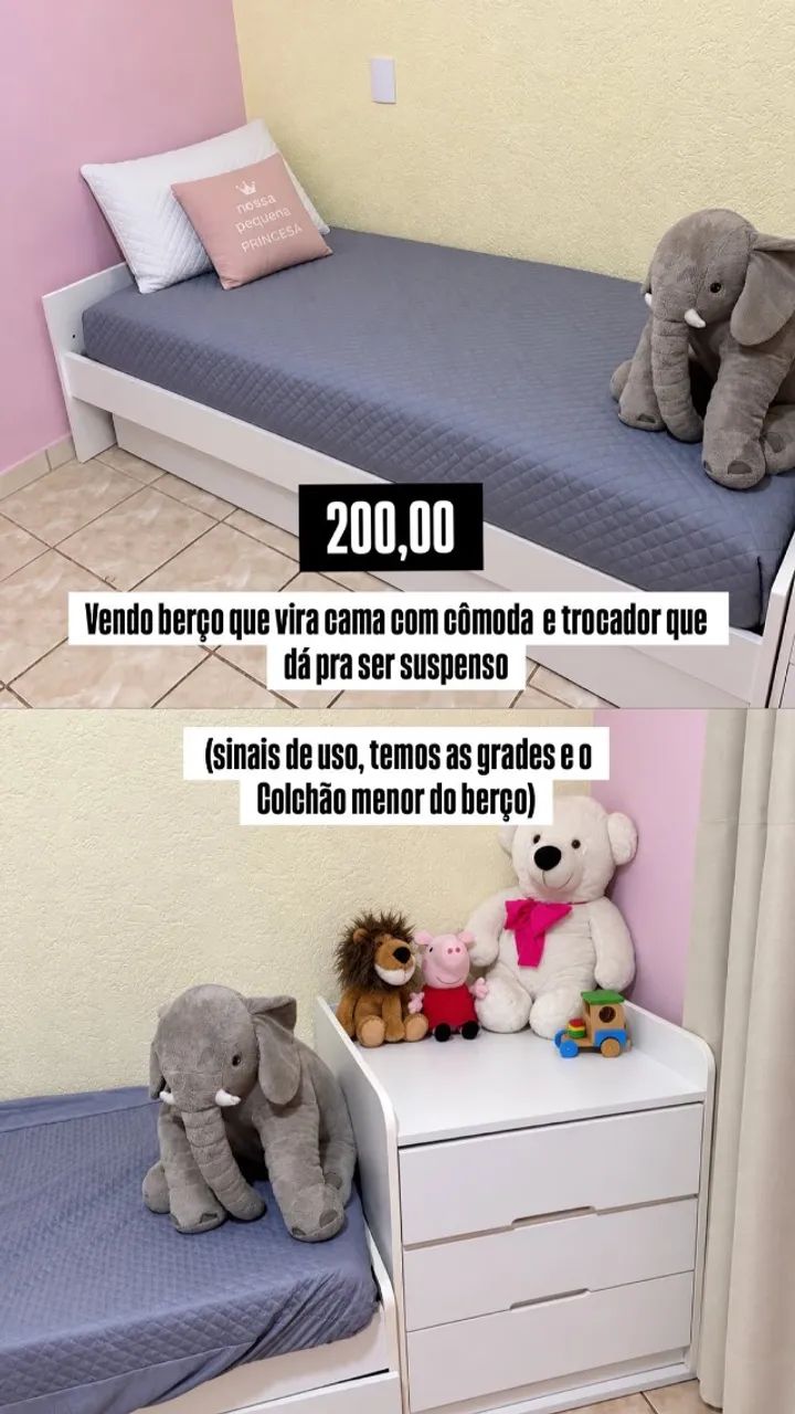 BERÇO VIRA CAMA COM COMODA E TROCADOR 