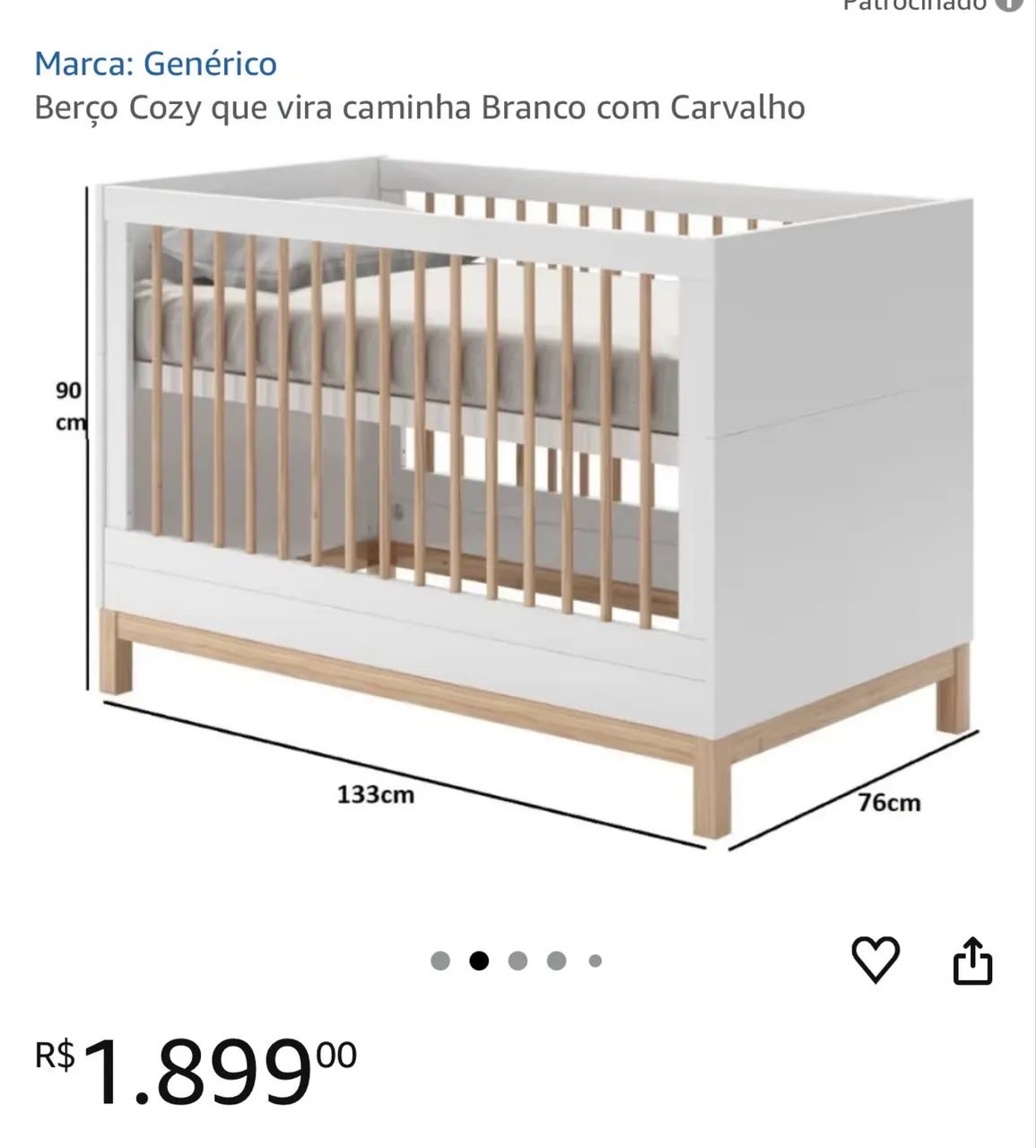 Berço branco com madeira seminovo 