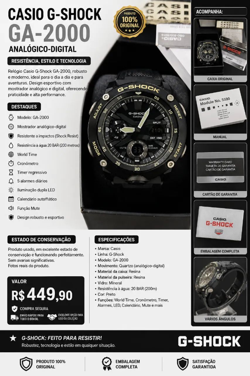 Relógio Casio G-Shock GA-2000 Original - Analógico Digital - Caixa e Manual - Foto 2