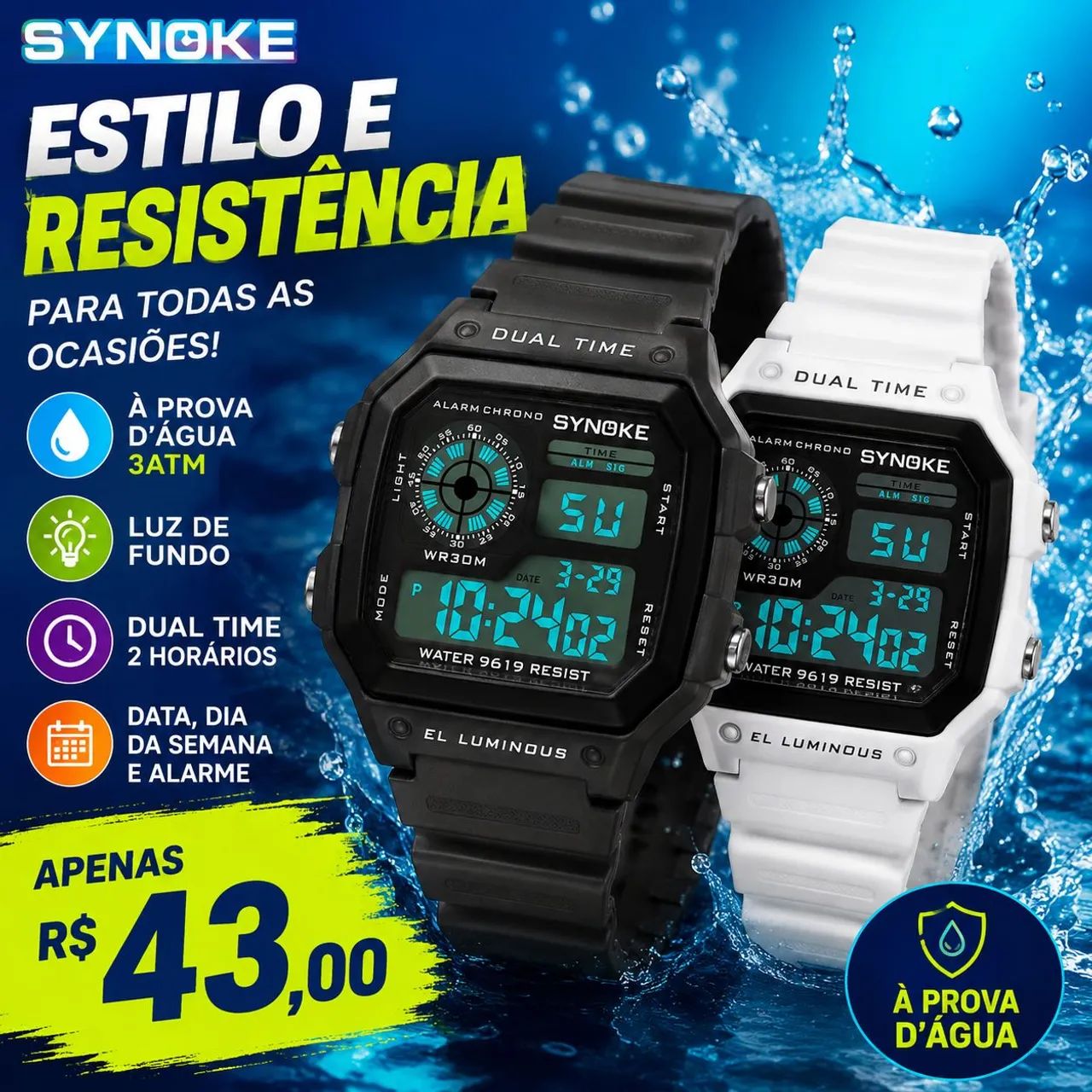 RELÓGIO PRETO OU BRANCO SYNOKE 