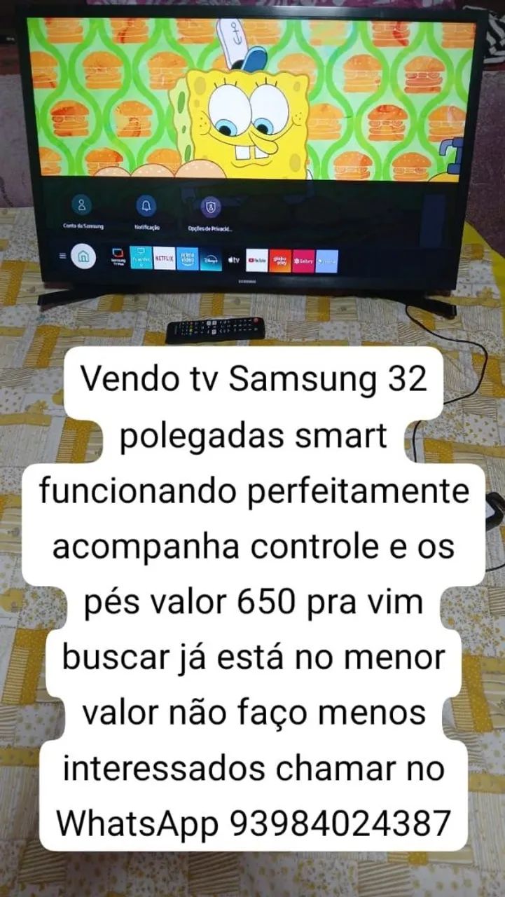 Vendo tv Samsung 32 polegadas smart funcionando perfeitamente valor 650 pra vim buscar 