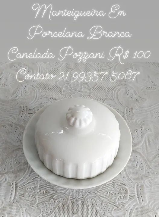 Manteigueira Em Porcelana Branca Canelada Pozzani 08x14 Cm
