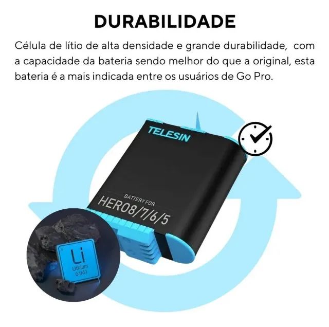 Bateria Telesin Para Câmera Gopro Hero 5 6 7 8 Recarregável - Foto 4