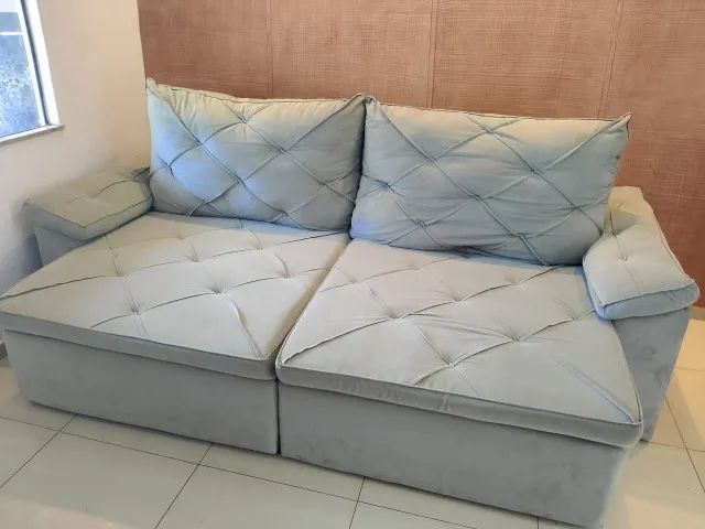 Sofá Retrátil Duas Pessoas Suede Cinza - Foto 2