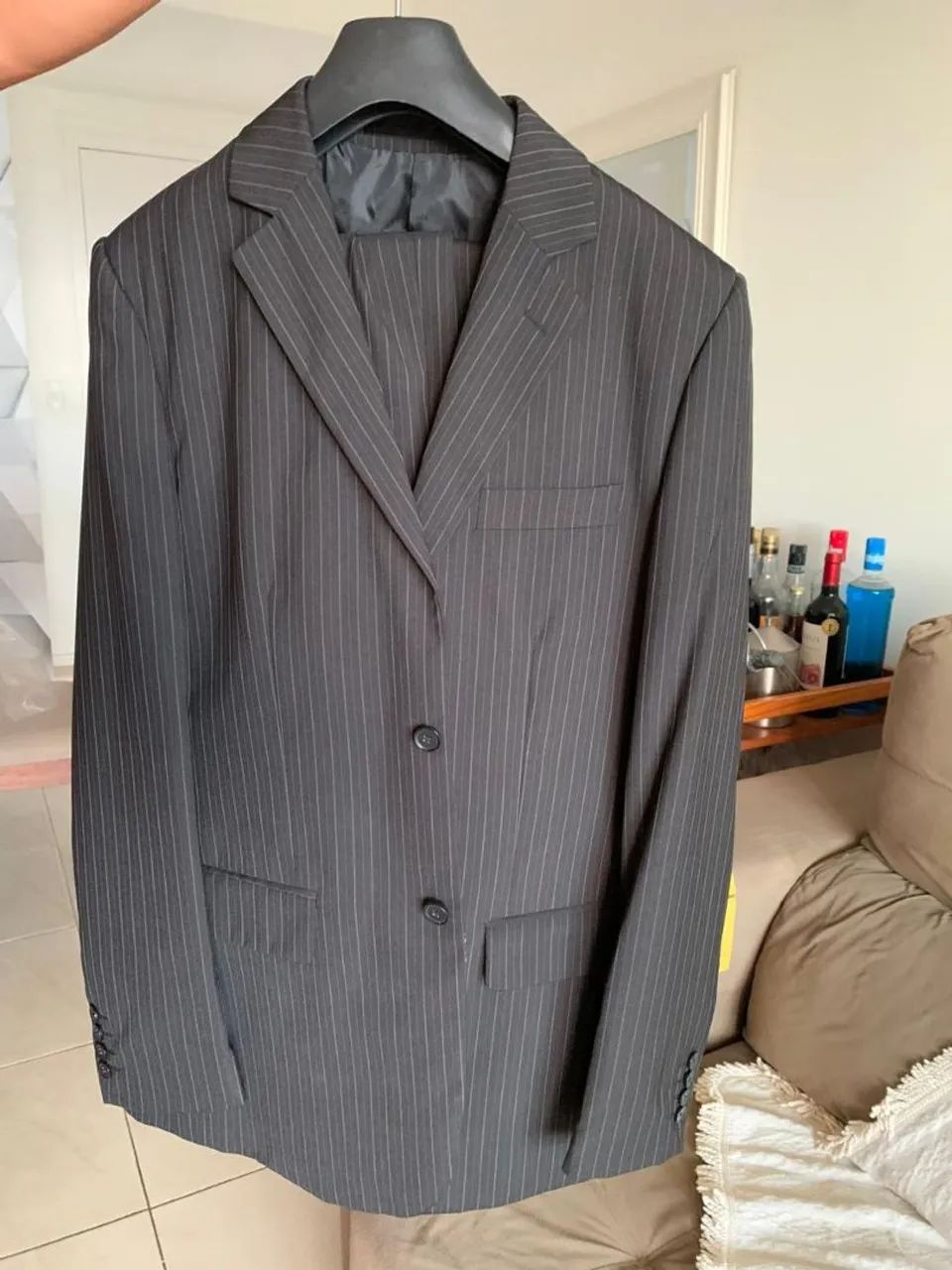 Terno Preto risca de giz completo calça e terno
