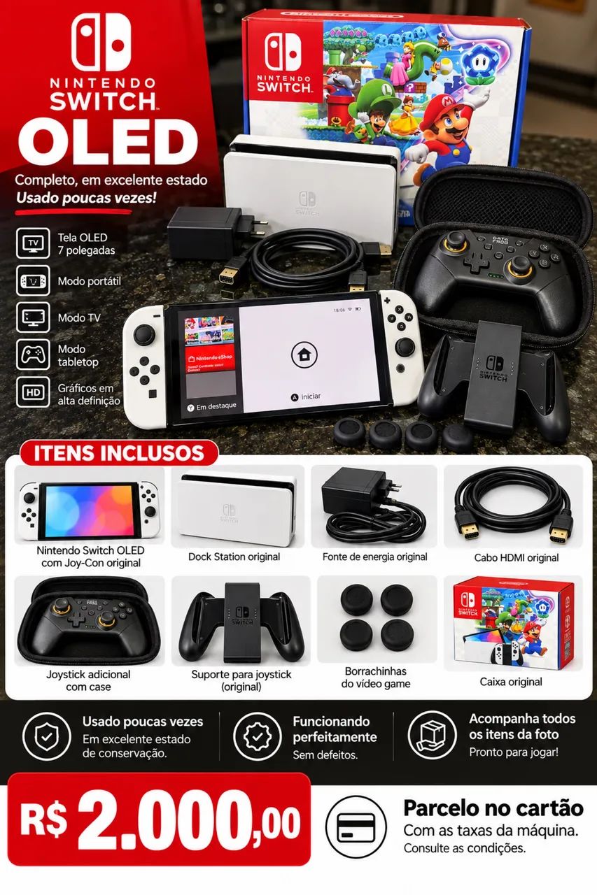 NINTENDO SWITCH OLED COMPLETO + JOYSTICK EXTRA ? R$ 2.000