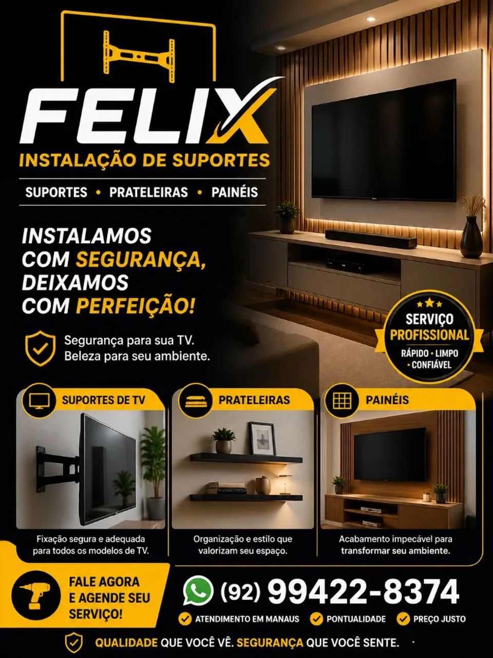 Instalação de Suporte de Tv, instalação de suporte de rede, prateleiras e painéis 