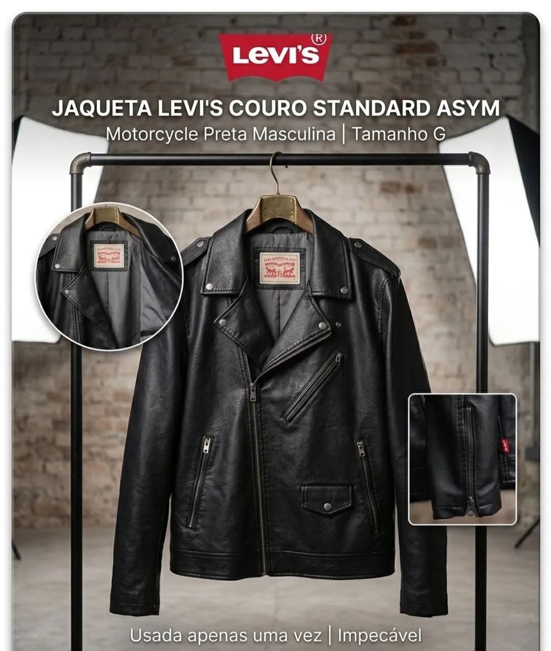 Jaqueta Levi?s Couro Preta Tam G - Usada 1 vez - Roupas