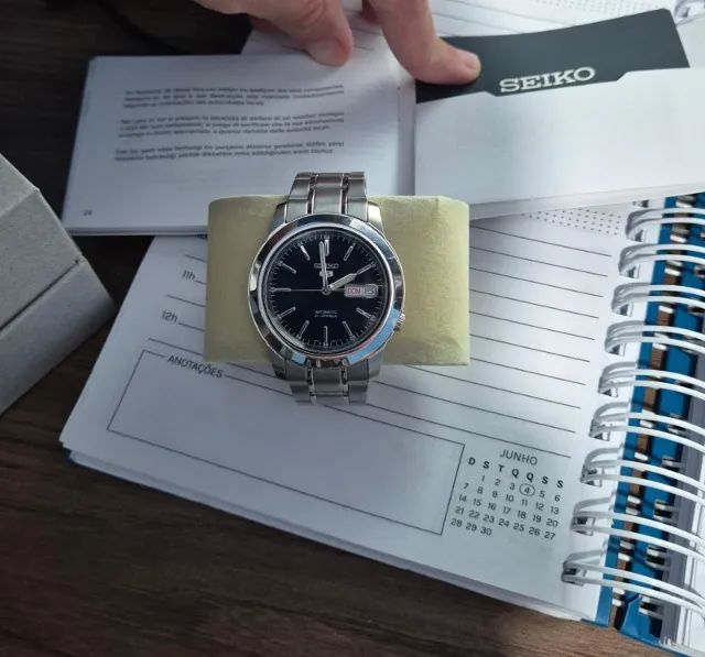 Relógio Seiko 5 Automático Snk357 Azul Tamanho 37mm - Foto 5
