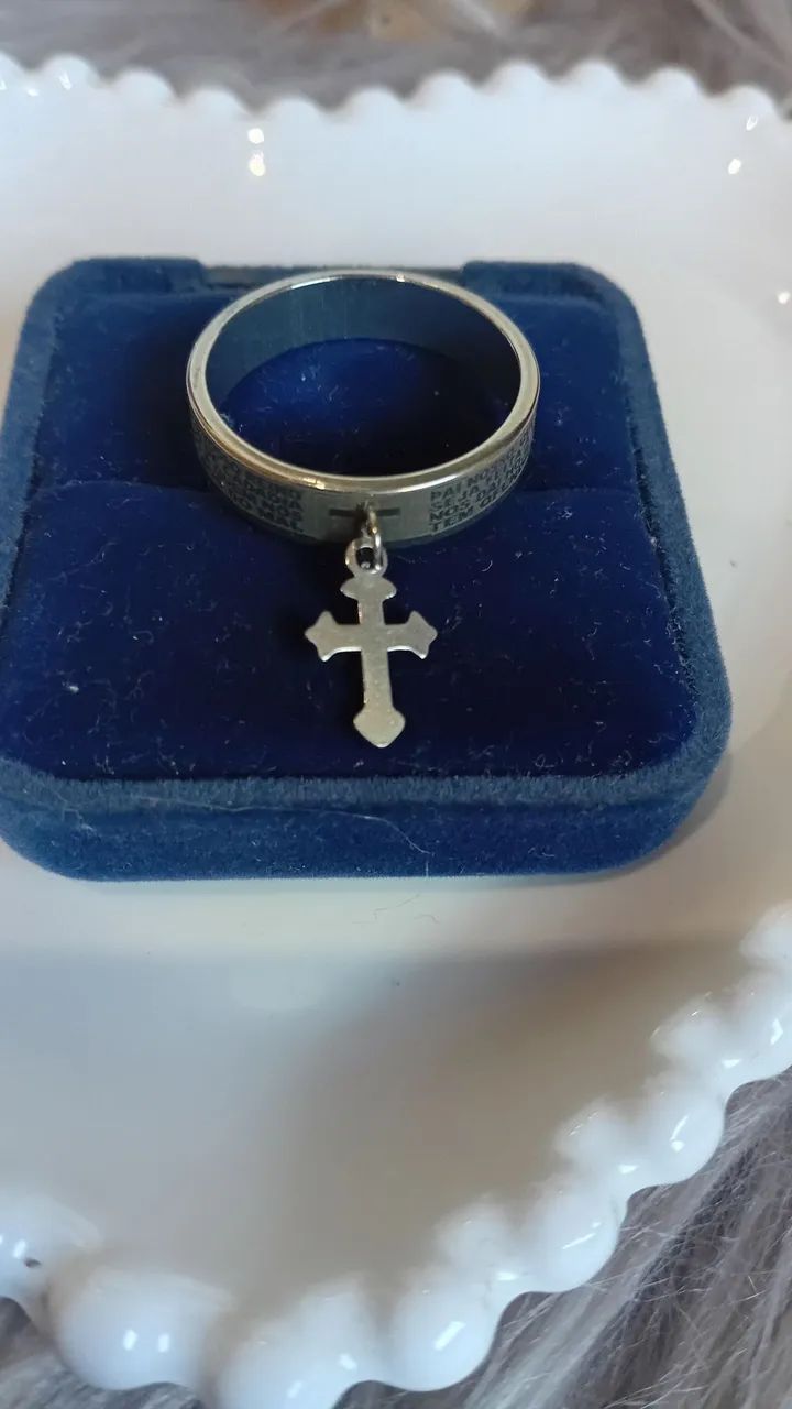 Anel masculino de aço inox com pai nosso e com Cruz - Foto 3