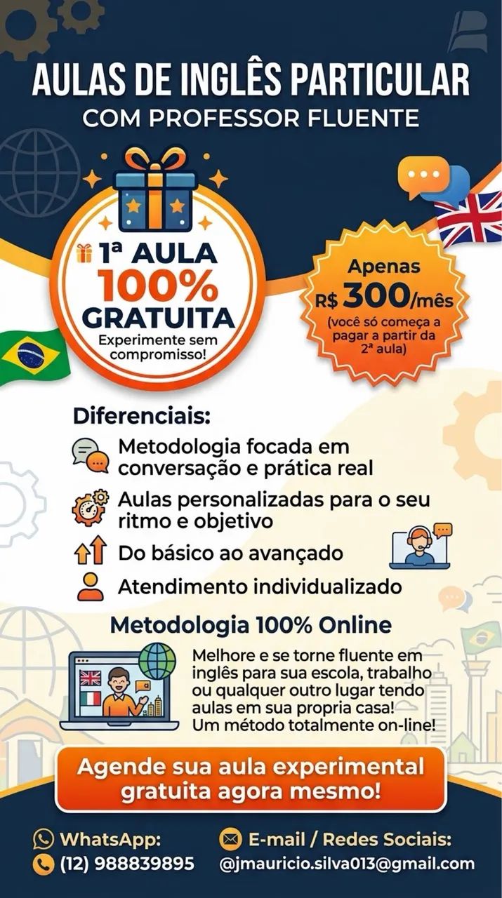 ?AULAS DE INGLÊS / 1 AULA 100% GRATUITA   ?