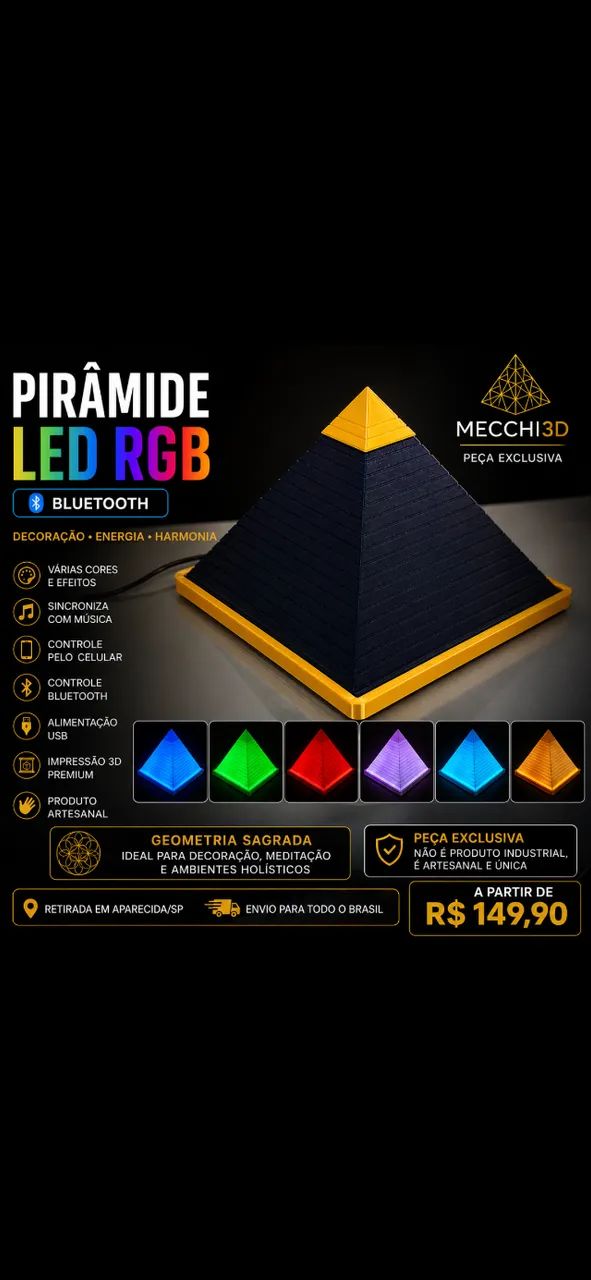Pirâmide Decorativa com LED RGB Bluetooth | Geometria Sagrada