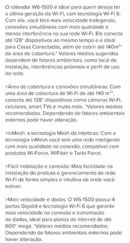 Roteador Wi-fi 6 Gigabit Dual Band Mesh 4 Antenas Intelbras W6 1500 - Foto 6