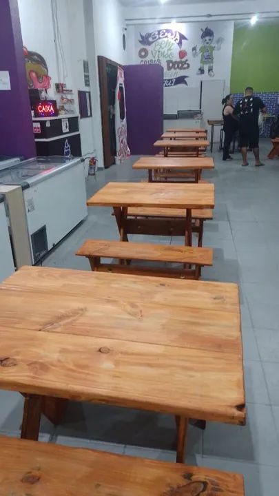 Conjunto de mesas e bancos de madeira para restaurante - Foto 2