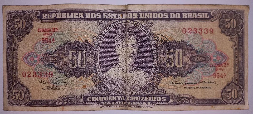 Cédula do Brasil 50 Cruzeiros com carimbo 5 centavos
