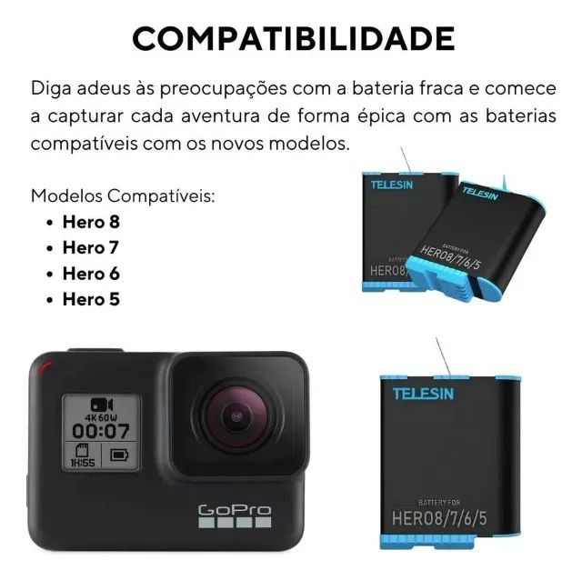 Bateria Telesin Para Câmera Gopro Hero 5 6 7 8 Recarregável - Foto 5
