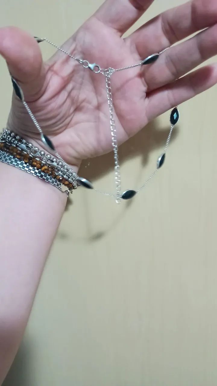 Gargantilha em prata 925 com pedras Onix original 