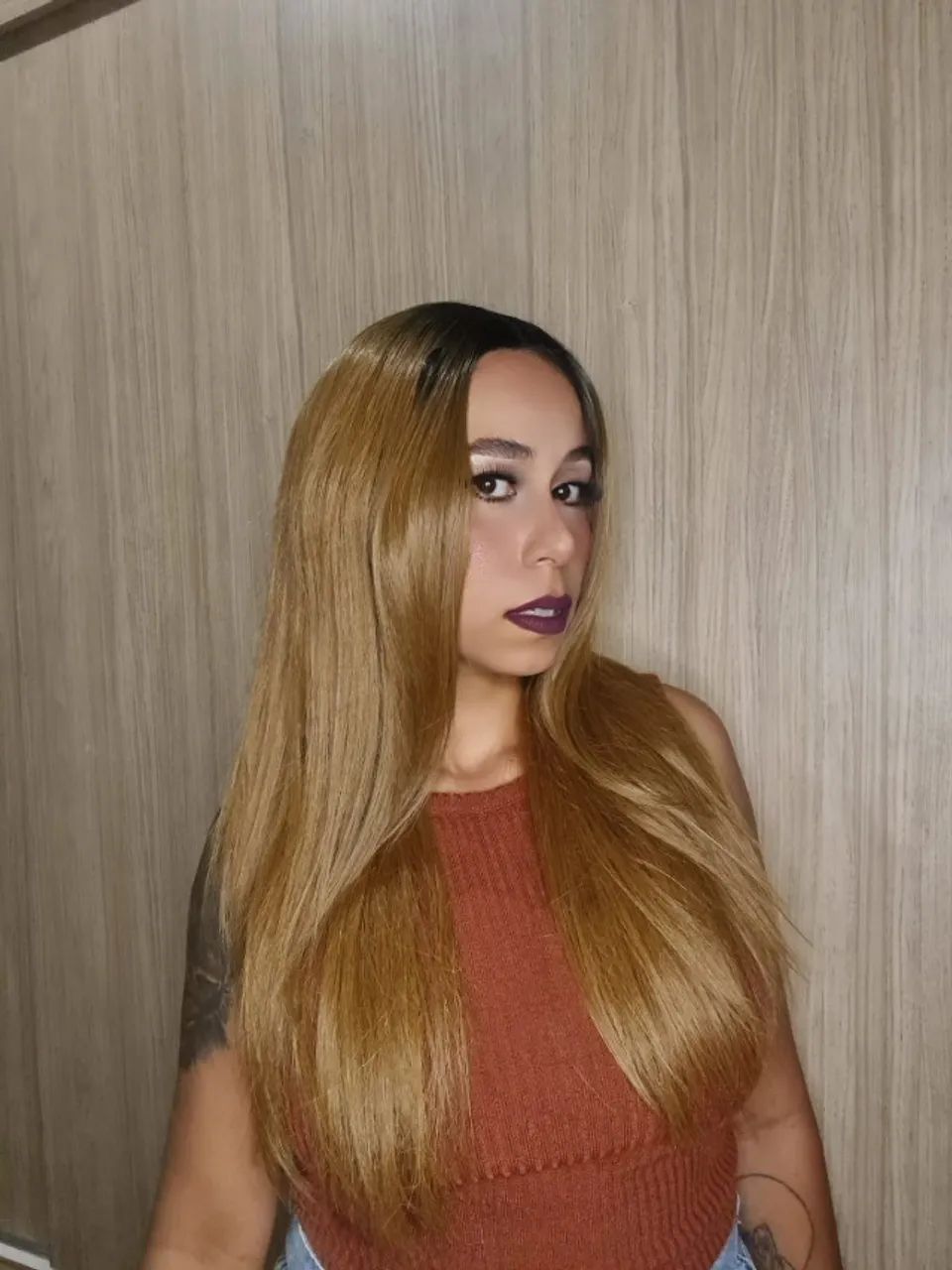 peruca feminina lisa marrom acobreado - Foto 5