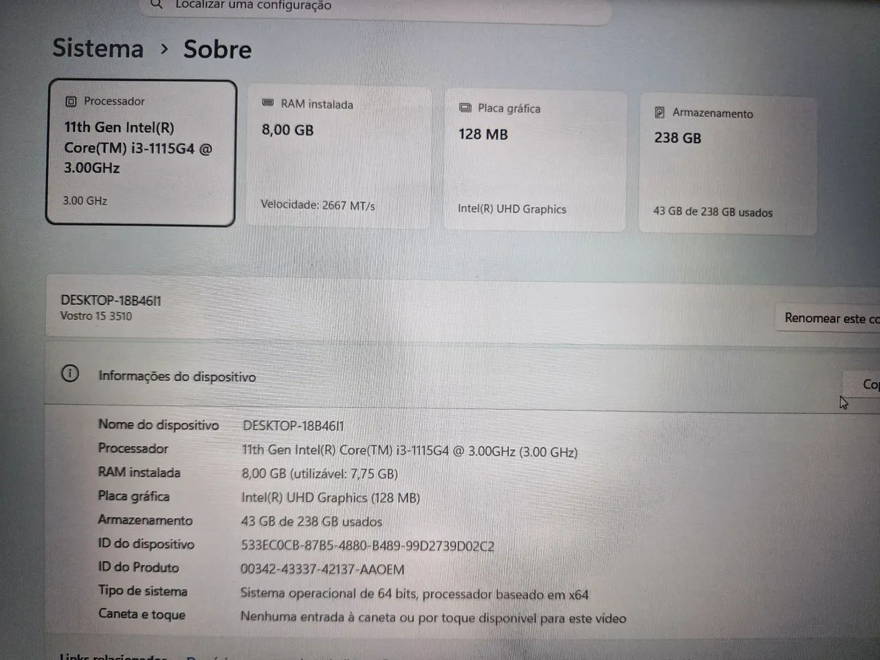 Notebook Dell Vostro 15 3510 - Intel Core i3 11ª Geração / 8GB RAM / SSD 256GB
