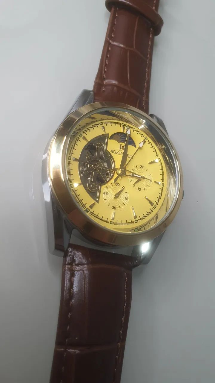 Relógio Automático Novo Pulseira Couro Masculino - Foto 3