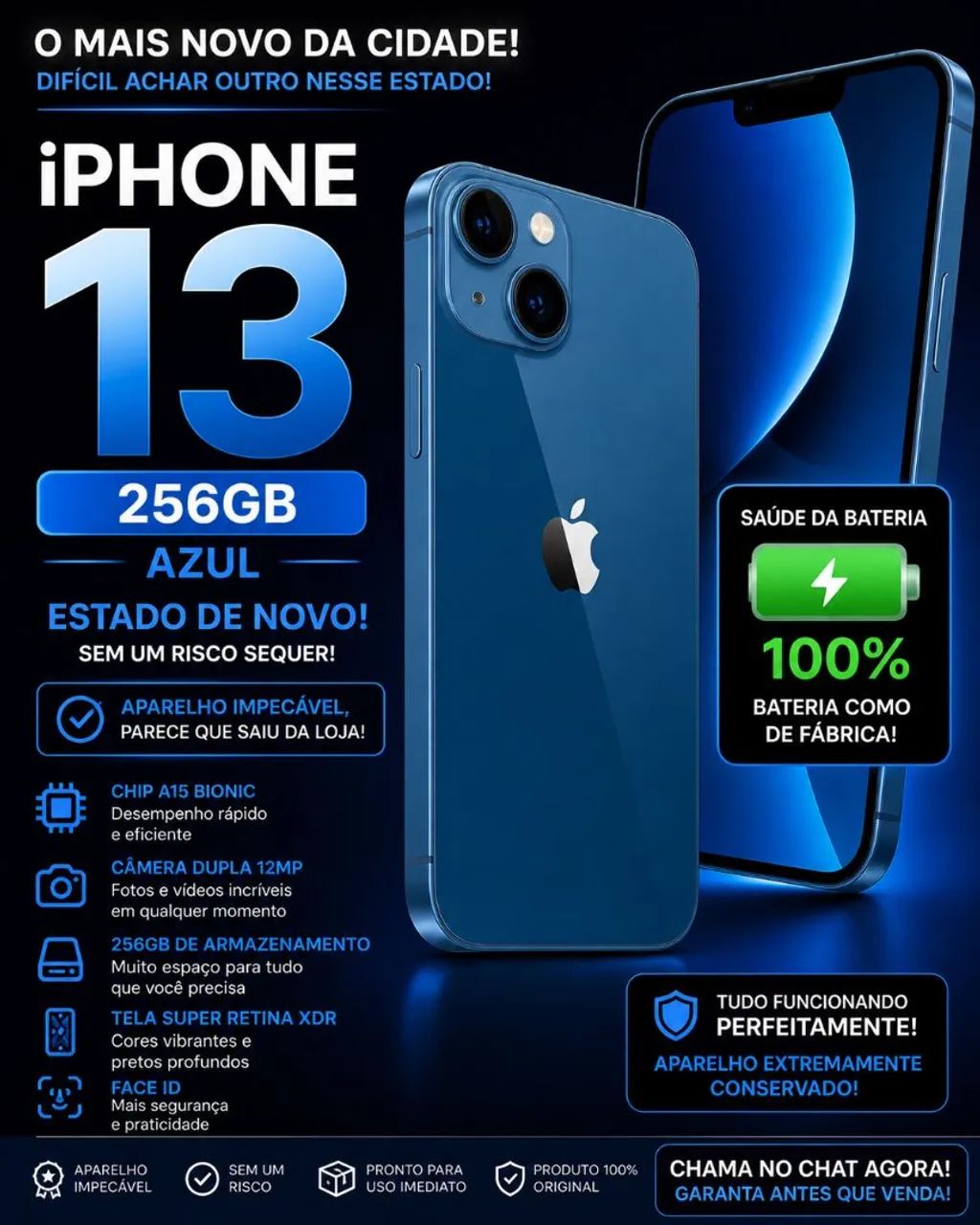 IPHONE 13 256GB AZUL - ESTADO DE ZERO - Celulares e Smartphones