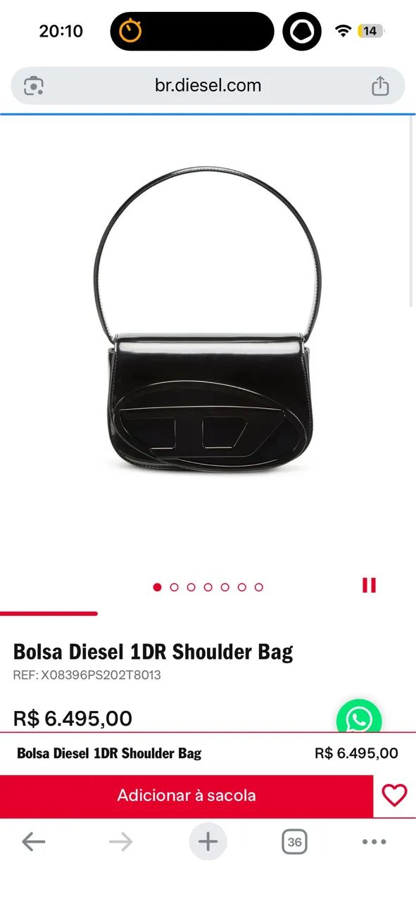 Bolsa Diesel 1DR Shoulder Bag X08396 Preta Espelhada -ORIGINAL