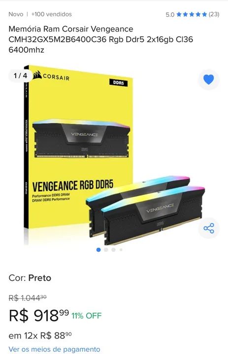 Memória RAM Corsair Vengeance RGB DDR5 32GB 2x16GB 6400MHz C136