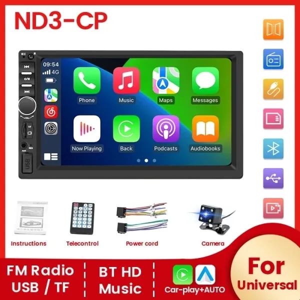 Central multimídia 2 din, 7 polegadas, Android auto e CarPlay com fio + câmera de ré