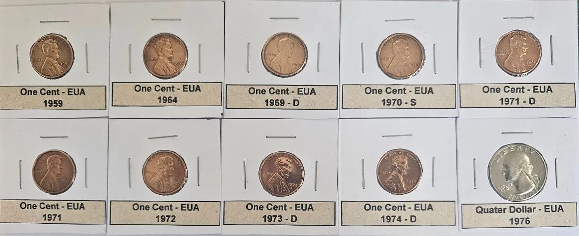 Conjunto Moedas EUA - One Cent - Quarter Dollar - Vários Anos.