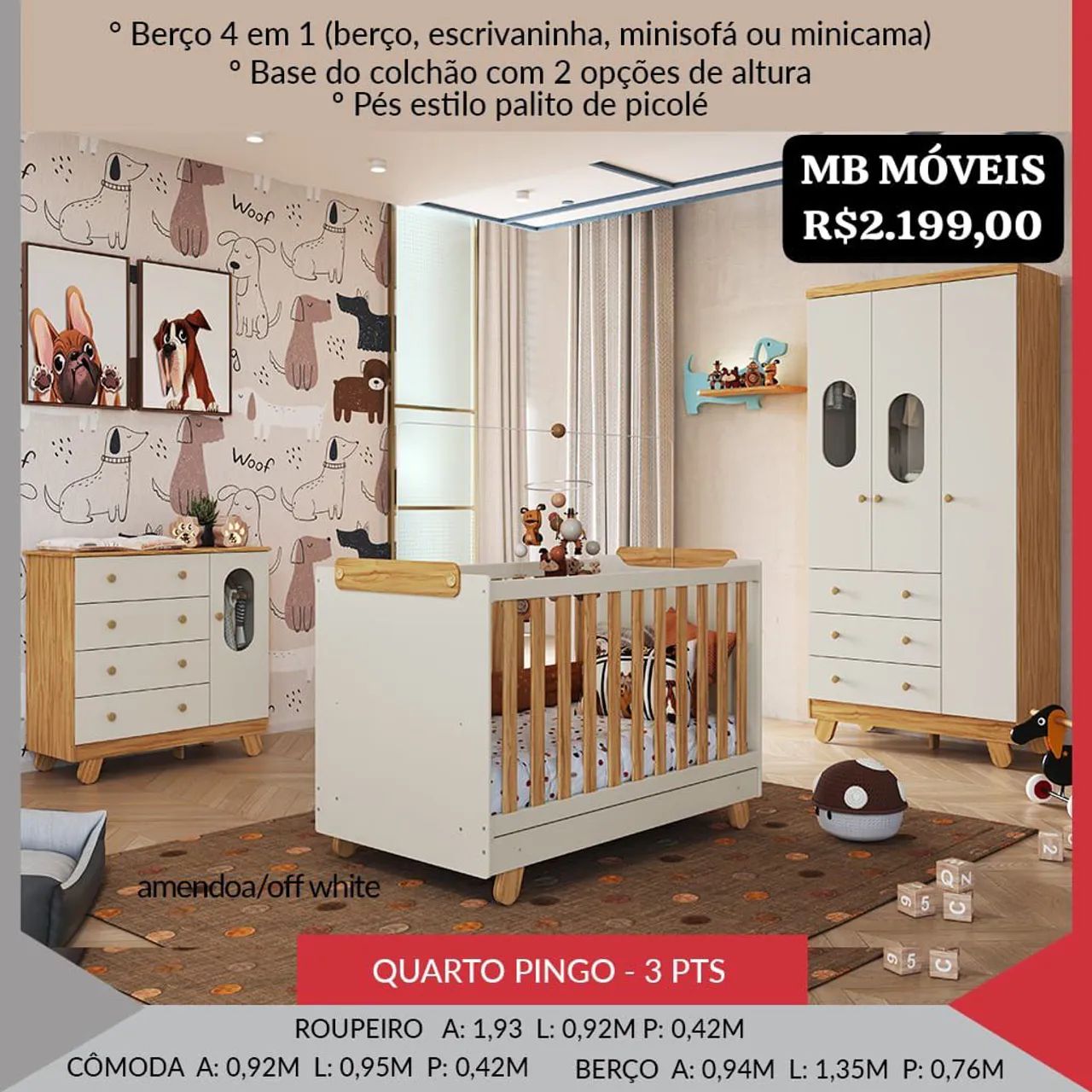 Quarto de bebê  Pingo 3 peças - Berço 4 em 1