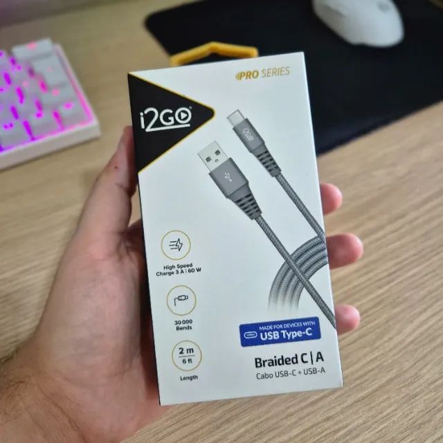 Cabo Carregador USB Tipo C 2 Metros Nylon i2GO