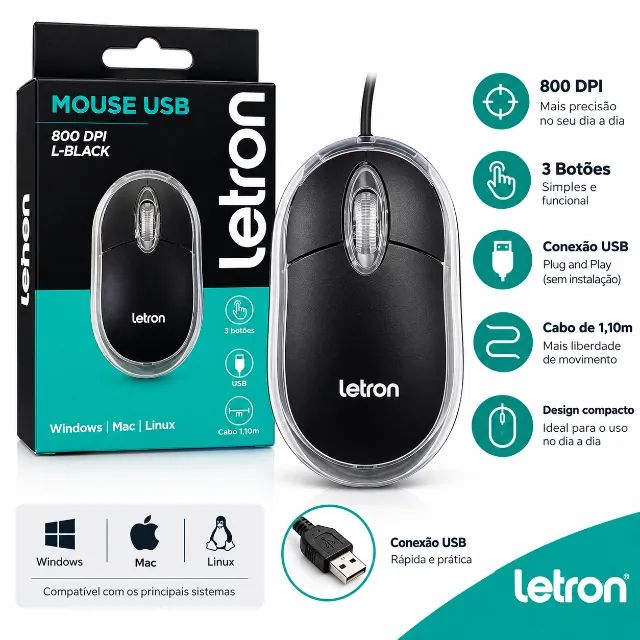 Mouse USB Letron L-Black 800 DPI 3 Botões Cabo 1,10m PC Notebook