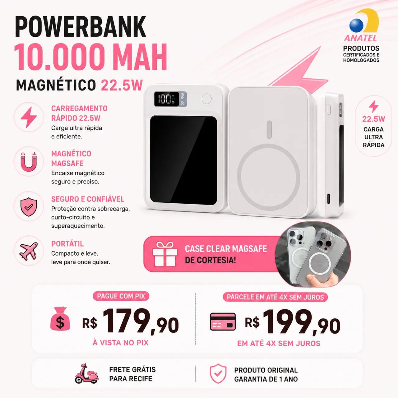 Carregador magnético portátil para iPhone e Android 