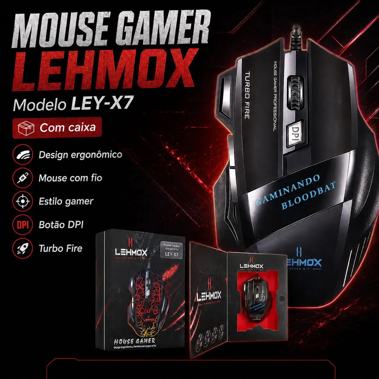 Mouse Gamer LEHMOX LEY-X7 com Caixa | DPI + Turbo Fire