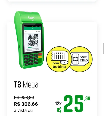 Maquininha de cartão Ton T3 smart com 2 baterias/Qrcode/touch