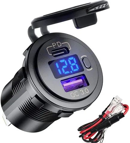 Carregador/Tomada Veicular 48w c/ Voltímetro Led USB/Tipo C PD 3.0 QC 12v/24v