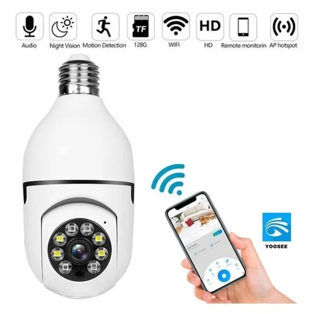 Câmera De Segurança Wifi Ip Sem Fio 360 Com Encaixe Bocal De Lâmpada Via aplicativo Yoosee