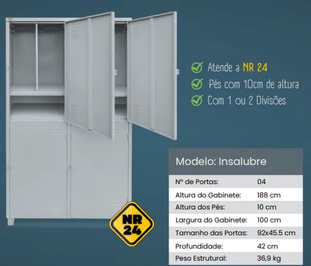 Roupeiro de Aço Insalubre 04 Portas - Armário de Aço Insalubre 04 Portas - NR24